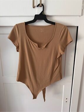 Ribbed Tan Scoop Neck Bodysuit - Women's Top